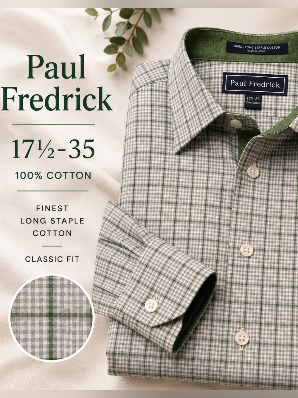 Paul Fredrick Men’s 17.5 35 Green Gray Check 100% Cotton Dress Shirt